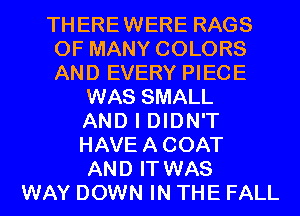 THEREWERE RAGS
0F MANY COLORS
AND EVERY PIECE

WAS SMALL
AND I DIDN'T
HAVEACOAT
AND IT WAS
WAY DOWN IN THE FALL
