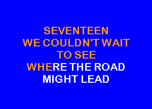 SEVENTEEN
WE COULDN'T WAIT

TO SEE
WHERETHE ROAD
MIGHT LEAD