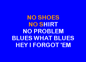 NO SHOES
NO SHIRT
NO PROBLEM
BLUES WHAT BLUES
HEYI FORGOT'EM