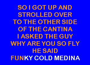 SO I GOT UP AND
STROLLED OVER
TO THE OTHER SIDE
OF THE CANTINA
IASKED THE GUY
WHY ARE YOU SO FLY
HE SAID
FUNKY COLD MEDINA