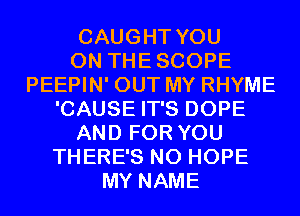 CAUGHT YOU
ON THESCOPE
PEEPIN' OUT MY RHYME
'CAUSE IT'S DOPE
AND FOR YOU
THERE'S N0 HOPE
MY NAME