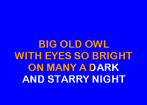 BIG OLD OWL

WITH EYES SO BRIGHT
ON MANY A DARK
AND STARRY NIGHT