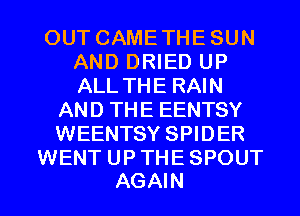 OUT CAME THE SUN
AND DRIED UP
ALL THE RAIN

AND THE EENTSY
WEENTSY SPIDER
WENT UP THE SPOUT

AGAIN I