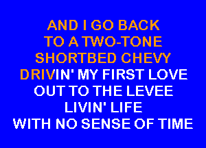 AND I GO BACK
TO ATWO-TONE
SHORTBED CHEVY
DRIVIN' MY FIRST LOVE
OUT TO THE LEVEE
LIVIN' LIFE
WITH NO SENSE OF TIME