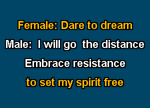 Femalei Dare to dream
Malei lwill go the distance
Embrace resistance

to set my spirit free