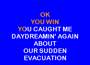 OK
YOU WIN
YOU CAUGHT ME

DAYDREAMIN' AGAIN
ABOUT
OUR SUDDEN
EVACUATION