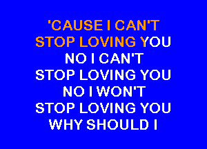 'CAUSE I CAN'T
STOP LOVING YOU
NO I CAN'T

STOP LOVING YOU
NO I WON'T
STOP LOVING YOU
WHY SHOULD I