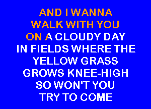 AND IWANNA
WALK WITH YOU
ON A CLOUDY DAY
IN FIELDS WHERETHE
YELLOW GRASS
GROWS KNEE-HIGH

SO WON'T YOU
TRY TO COME l
