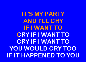 IT'S MY PARTY
AND I'LLCRY
IF I WANT TO
CRY IF I WANTTO
CRY IF I WANTTO
YOU WOULD CRY T00
IF IT HAPPENED TO YOU