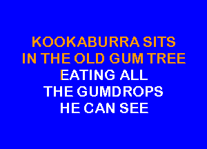 KOOKABURRA SITS
IN THE OLD GUM TREE
EATING ALL
THEGUMDROPS
HECAN SEE

g