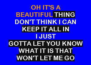 0H IT'S A
BEAUTIFULTHING
DON'T THINK I CAN

KEEP IT ALL IN
IJUST
GOTI'A LET YOU KNOW
WHAT IT IS THAT
WON'T LET ME GO