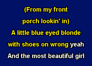 (From my front
porch lookin' in)
A little blue eyed blonde
with shoes on wrong yeah

And the most beautiful girl