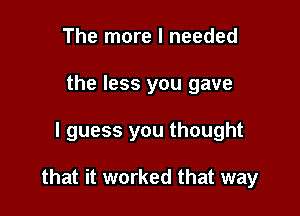 The more I needed
the less you gave

I guess you thought

that it worked that way