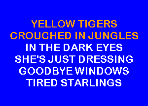 YELLOW TIGERS
CROUCHED IN JUNGLES
IN THE DARK EYES
SHE'SJUST DRESSING
GOODBYEWINDOWS
TIRED STARLINGS