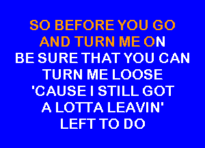 SO BEFOREYOU GO
AND TURN ME ON
BE SURETHAT YOU CAN
TURN ME LOOSE
'CAUSE I STILL GOT
A LOTI'A LEAVIN'
LEFT TO DO