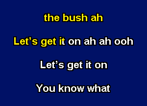 the bush ah

Lefs get it on ah ah ooh

Lefs get it on

You know what