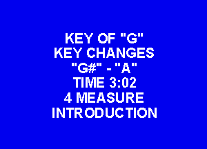 KEY OF G
KEY CHANGES

IIG  - IIAII

TIME 3z02
4 MEASURE
INTRODUCTION