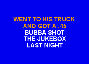 WENT TO HIS TRUCK
AND GOT A .45

BUBBA SHOT
THE JUKEBOX

LAST NIGHT