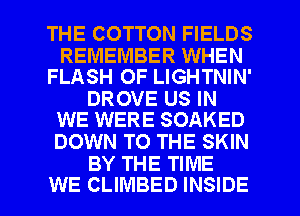 THE COTTON FIELDS

REMEMBER WHEN
FLASH OF LIGHTNIN'

DROVE US IN
WE WERE SOAKED

DOWN TO THE SKIN
BY THE TIME

WE CLIMBED INSIDE l