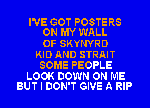 I'VE GOT POSTERS
ON MY WALL

OF SKYNYRD

KID AND STRAIT
SOME PEOPLE

LOOK DOWN ON ME
BUT I DON'T GIVE A RIP