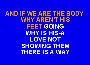 AND IF WE ARE THE BODY
WHY AREN'T HIS

FEET GOING

WHY IS HlS-A
LOVE NOT

SHOWING THEM
THERE IS A WAY