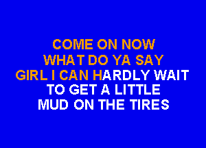 COME ON NOW

WHAT DO YA SAY

GIRL I CAN HARDLY WAIT
TO GET A LITTLE

MUD ON THE TIRES
