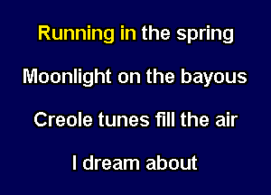 Running in the spring

Moonlight on the bayous

Creole tunes full the air

I dream about