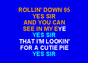 ROLLIN' DOWN 95

YES SIR
AND YOU CAN

SEE IN MY EYE

YES SIR
THAT I'M LOOKIN'

FOR A CUTIE PIE
YES SIR