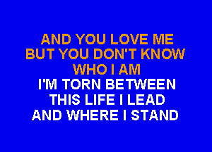 AND YOU LOVE ME
BUT YOU DON'T KNOW

WHO I AM
I'M TORN BETWEEN

THIS LIFE I LEAD
AND WHERE I STAND