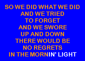 SO WE DID WHATWE DID

AND WETRIED
T0 FORGET

AND WE SWORE

UP AND DOWN

THEREWOULD BE
NO REGRETS
IN THE MORNIN' LIGHT