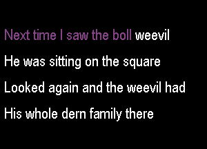 Next time I saw the boll weevil
He was sitting on the square

Looked again and the weevil had

His whole dern family there