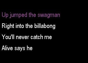 Up jumped the swagman

Right into the billabong
You'll never catch me

Alive says he