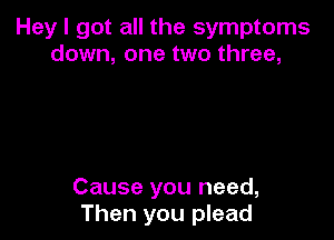 Hey I got all the symptoms
down, one two three,

Cause you need,
Then you plead