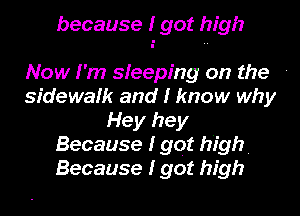 because I got high

Now I'm sfeeping on the -
sidewafk and I know why
Hey hey
Because I got high.
Because I got high
