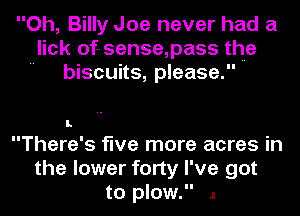 Oh, Billy Joe never had a
lick of-sense,pass thue
 biscuits, please.

I.

There's five more acres in
the lower forty I've got
to plow. .