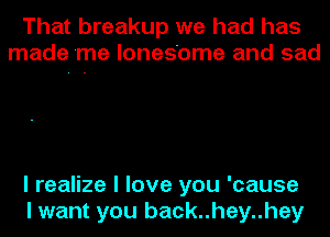 That breakup we had has
made me Iones'ome and sad

I realize I love you 'cause
I want you back..hey..hey