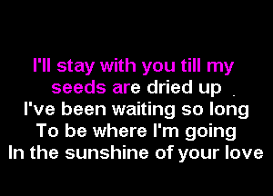 I'll stay with you till my
seeds are dried up .
I've been waiting 50 long
To be where I'm going
In the sunshine of your love