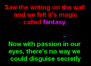 Saw the writing on the wall
and We felt it's magic
called fantasy

1 .
Now with passion in our
eyes, there's no way we
could disguise secretly
