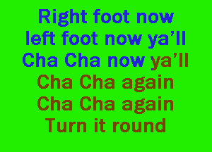 Right foot now
left foot now ya'll
Cha Cha now ya'll

Cha Cha again

Cha Cha again

Turn it round