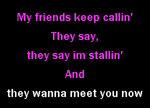 My friends keep callin'
They say,
they say im stallin'
And

they wanna meet you now