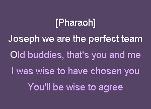 IPharaohl
Joseph we are the perfect team
Old buddies, that's you and me
I was wise to have chosen you

You'll be wise to agree