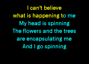 I can't believe
what is happening to me
My head is spinning
The flowers and the trees
are encapsulating me
And I go spinning