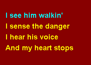 lsee him walkin'
I sense the danger

I hear his voice
And my heart stops