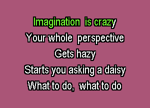 Imagination is crazy
Your whole perspective

Gets hazy
Starts you asking a daisy
What to do, what to do
