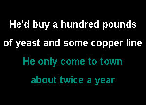 He'd buy a hundred pounds
of yeast and some copper line
He only come to town

about twice a year