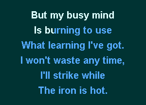 But my busy mind
Is burning to use
What learning I've got.

I won't waste any time,
I'll strike while
The iron is hot.