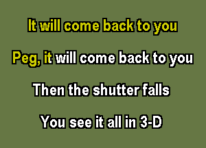 It will come back to you

Peg, it will come back to you

Then the shutter falls

You see it all in 3-D