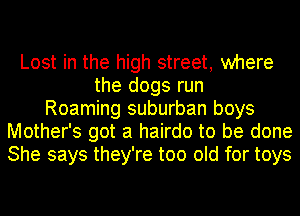 Lost in the high street, where
the dogs run
Roaming suburban boys
Mother's got a hairdo to be done
She says they're too old for toys