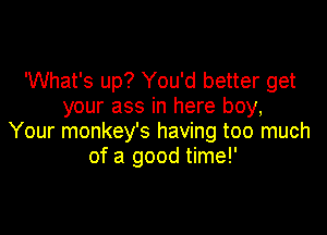 'What's up? You'd better get
your ass in here boy,

Your monkey's having too much
of a good time!'