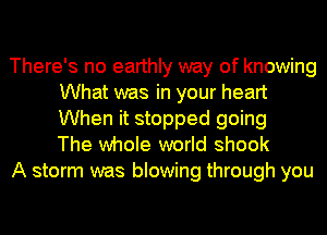There's no earthly way of knowing
What was in your heart
When it stopped going
The whole world shook

A storm was blowing through you